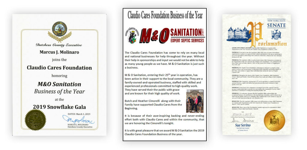 2019 Claudio Cares Foundation Snowflake Gala Business of the Year Award | M&O Sanitation Inc